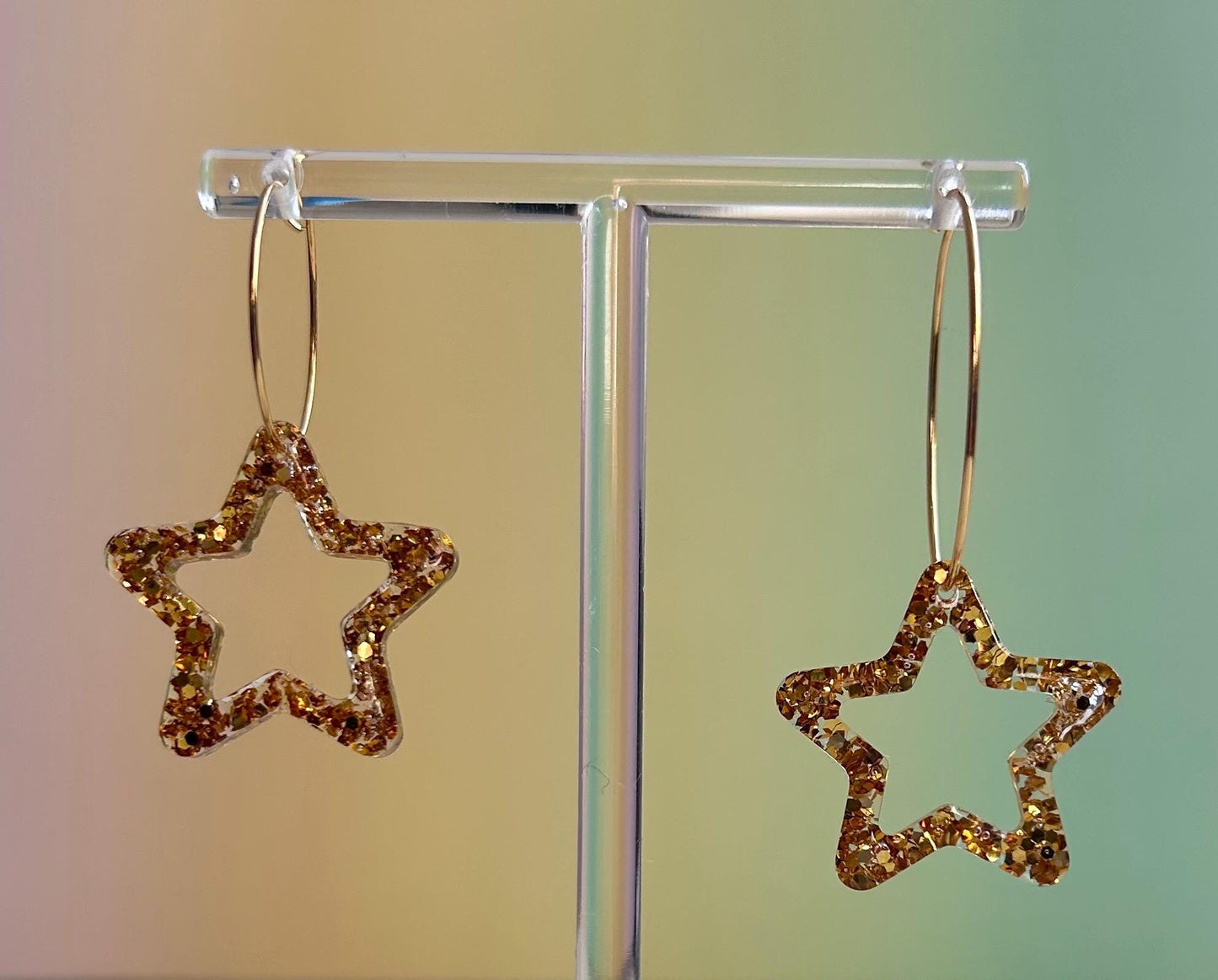 Handmade Star Gold Glitter Resin Earrings, gold plated hoops, choose different hoop sizes