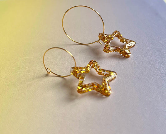 Handmade Star Gold Glitter Resin Earrings, gold plated hoops, choose different hoop sizes