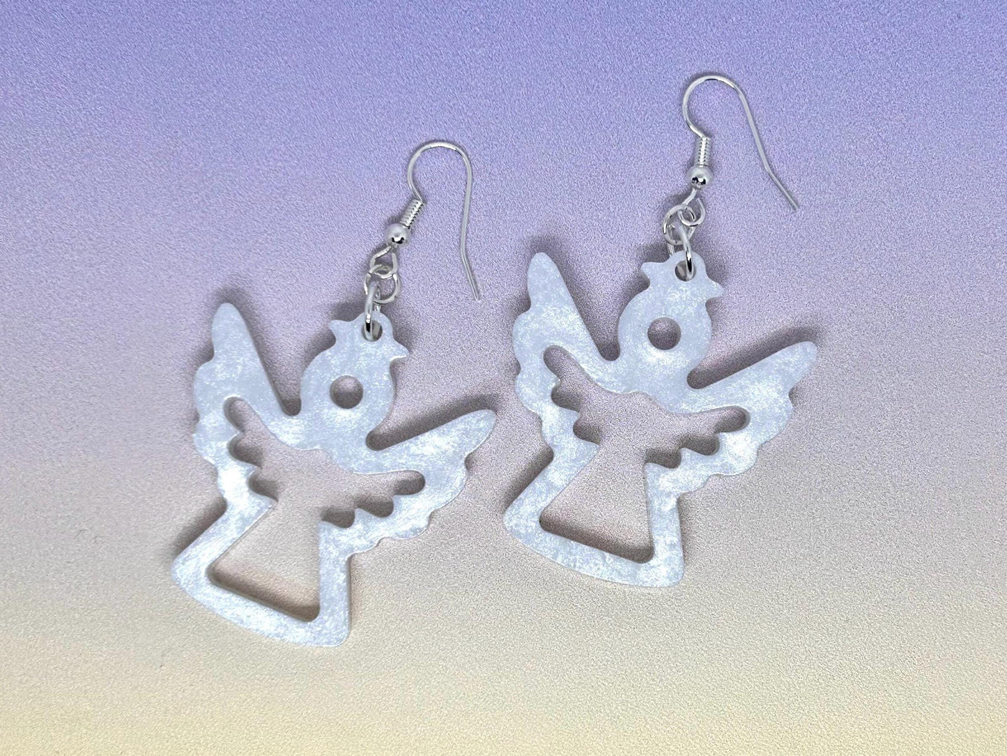 Handmade Shimmering Angel Resin Earrings: Sterling Silver Wire