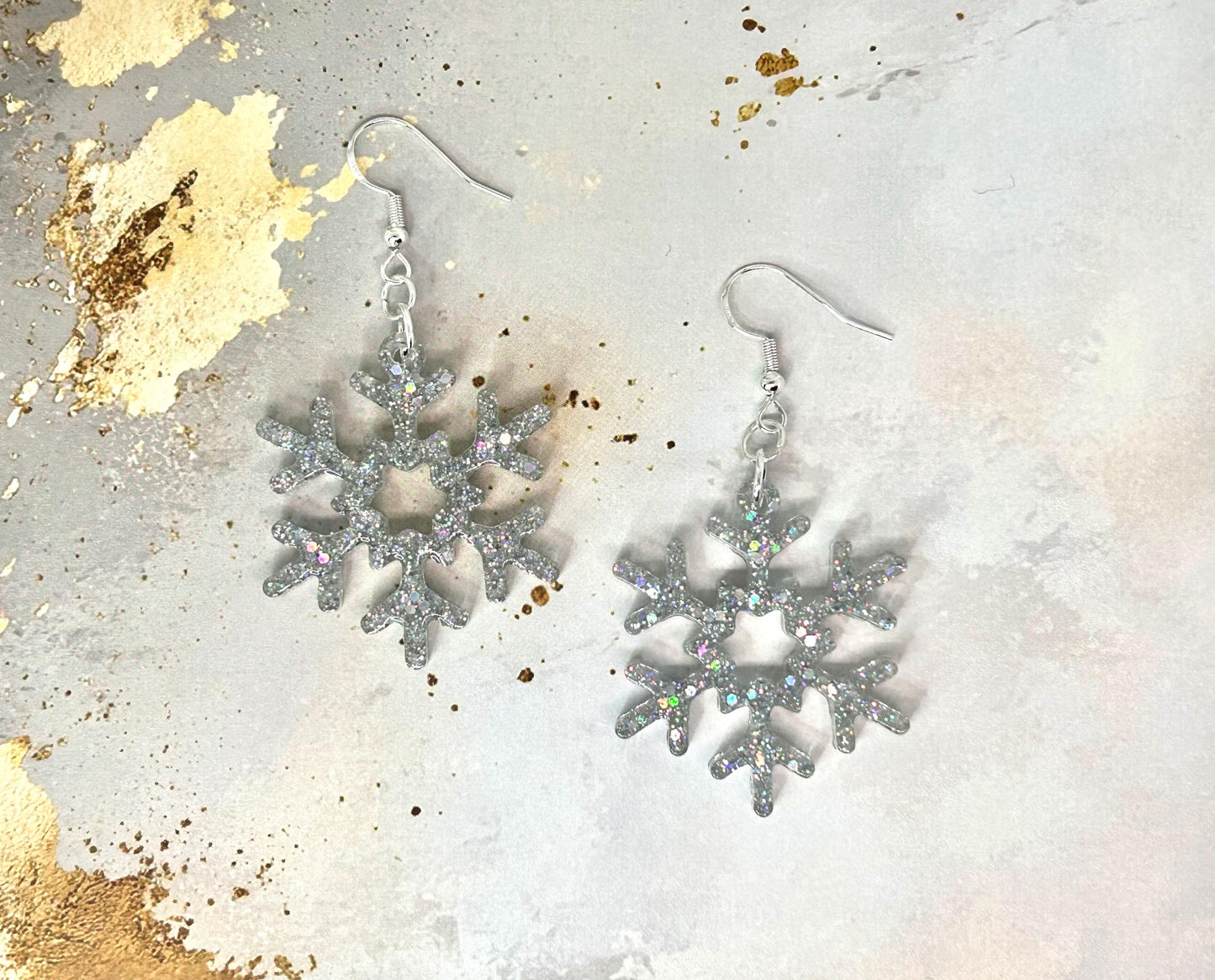 Handmade Holographic Glitter Snowflake Earrings: Sterling Silver Wire