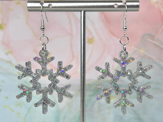 Handmade Holographic Glitter Snowflake Earrings: Sterling Silver Wire