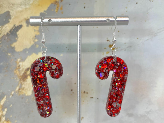 Handmade Candy Cane Resin Earrings: Silver Glitter, Sterling Silver Wires