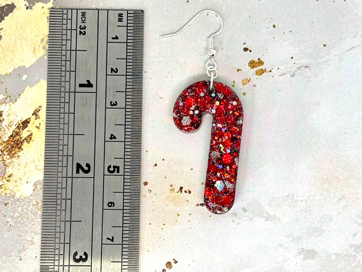 Handmade Candy Cane Resin Earrings: Silver Glitter, Sterling Silver Wires