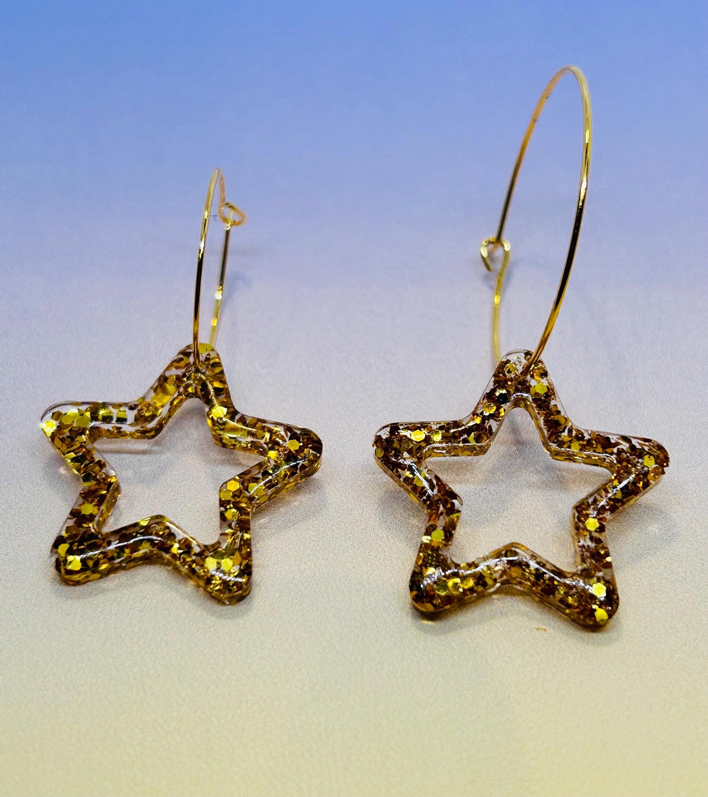 Handmade Star Gold Glitter Resin Earrings, gold plated hoops, choose different hoop sizes