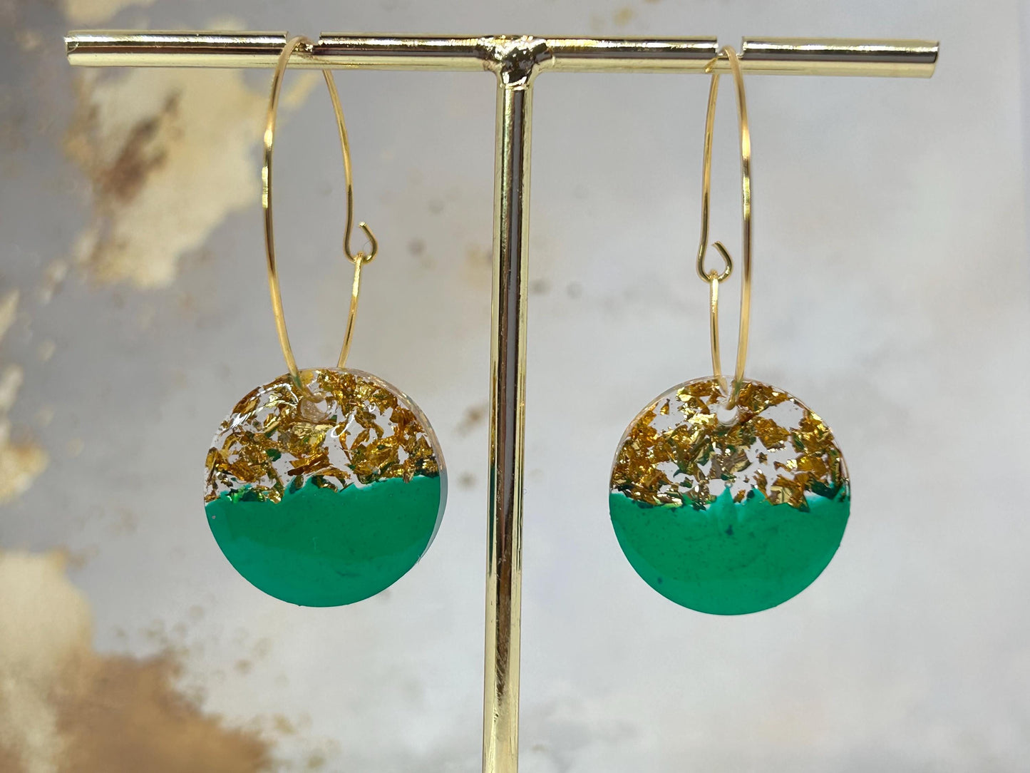 Handmade Green Resin Earrings: Gold Leaf Flake, Gold Plated Hoops
