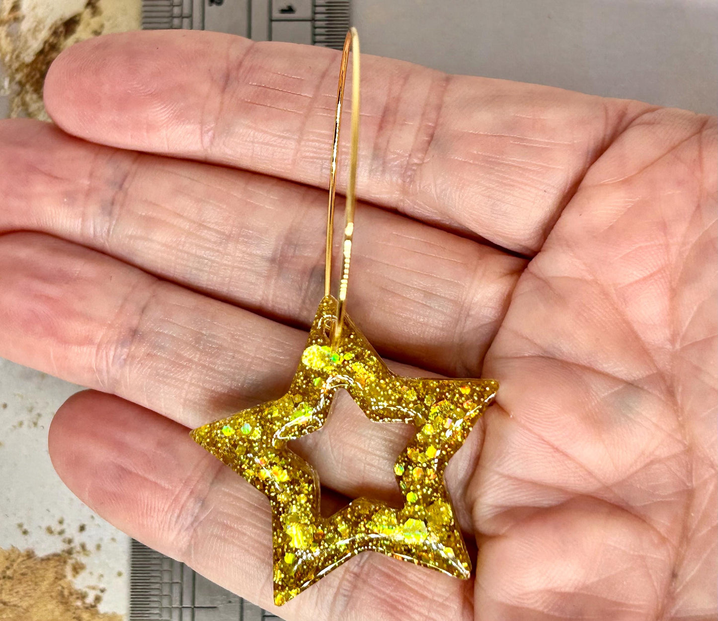 Handmade Gold Glitter Star Earrings: Resin Gold Plated Hoops