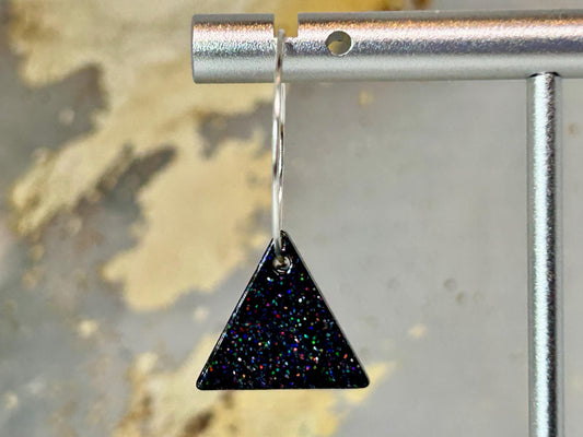 Holographic Glitter Triangle Earrings: Handmade Resin Silver Plated Hoops