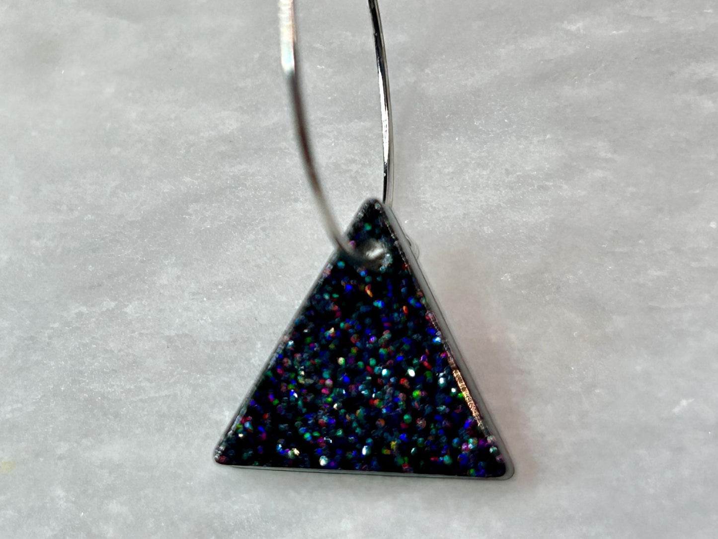 Holographic Glitter Triangle Earrings: Handmade Resin Silver Plated Hoops