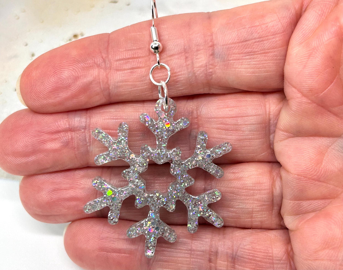 Handmade Holographic Glitter Snowflake Earrings: Sterling Silver Wire