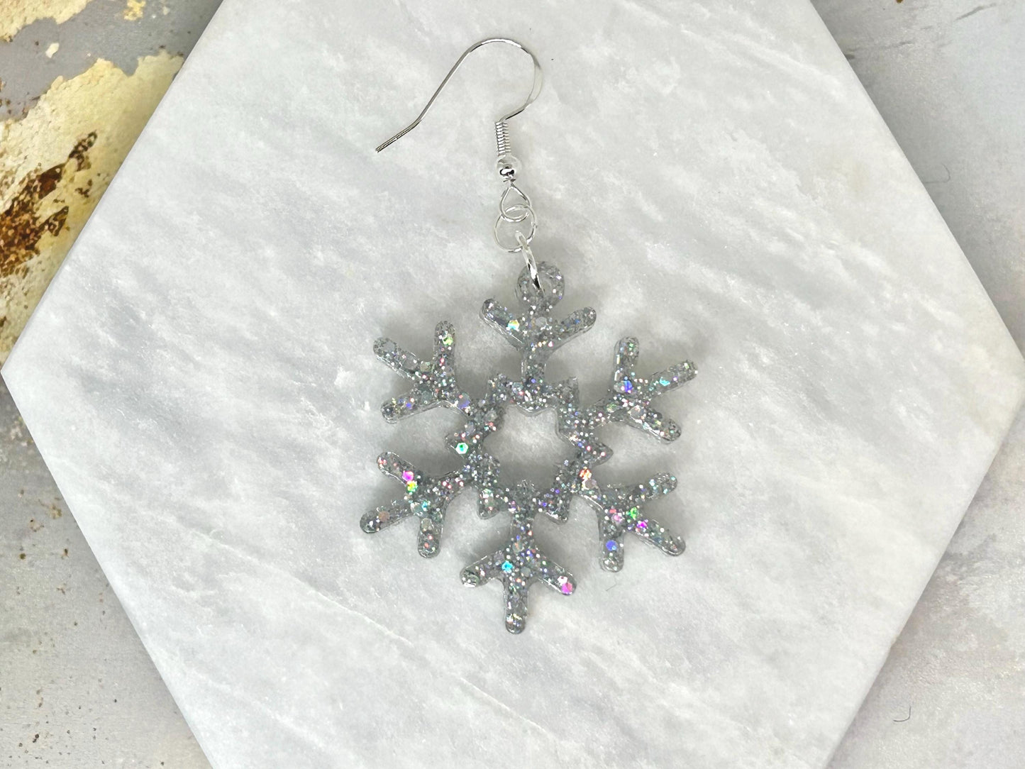 Handmade Holographic Glitter Snowflake Earrings: Sterling Silver Wire
