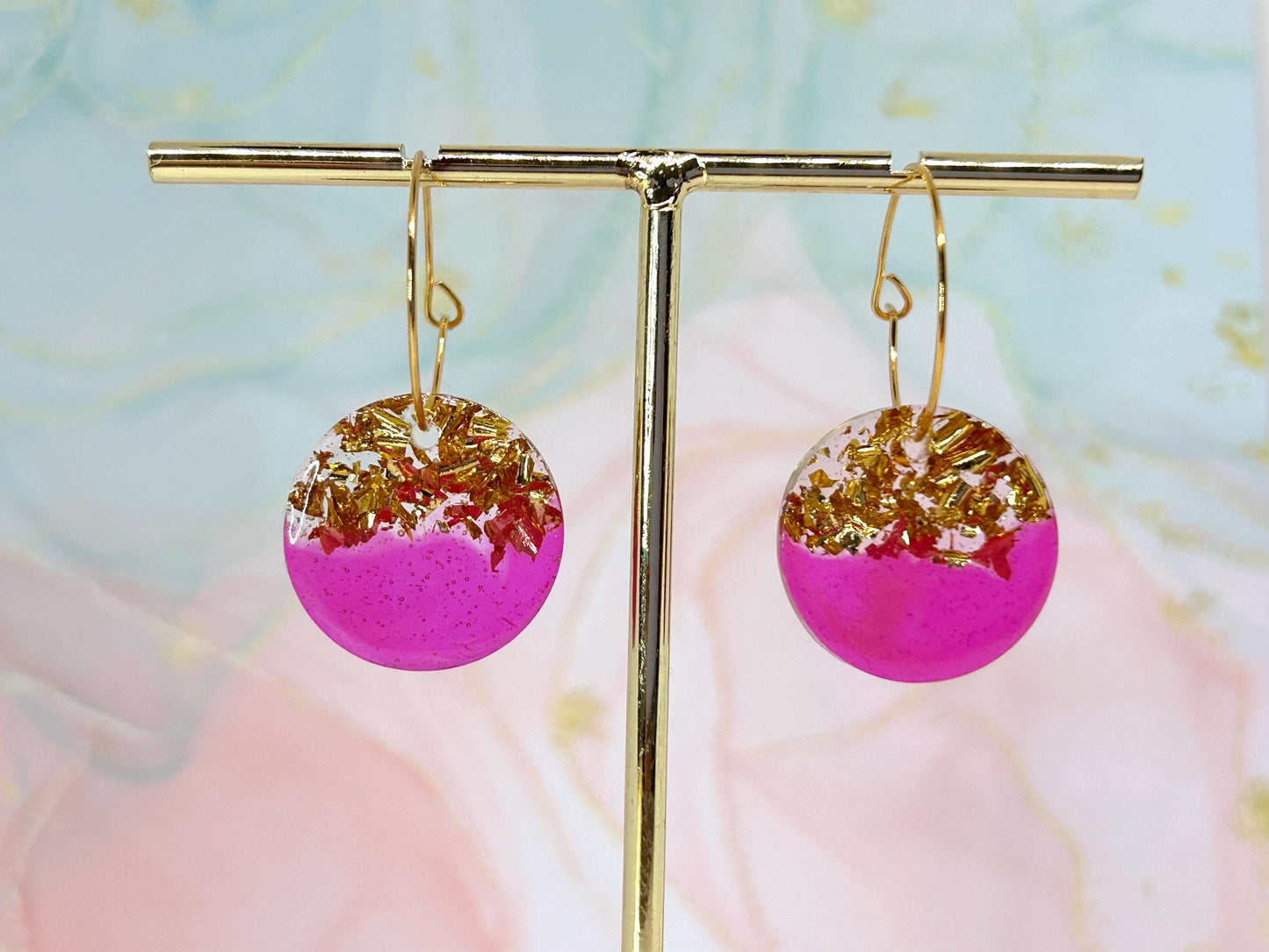 Handmade Resin Earrings: Fushia Pink, Gold Leaf, Gold Plated Hoops