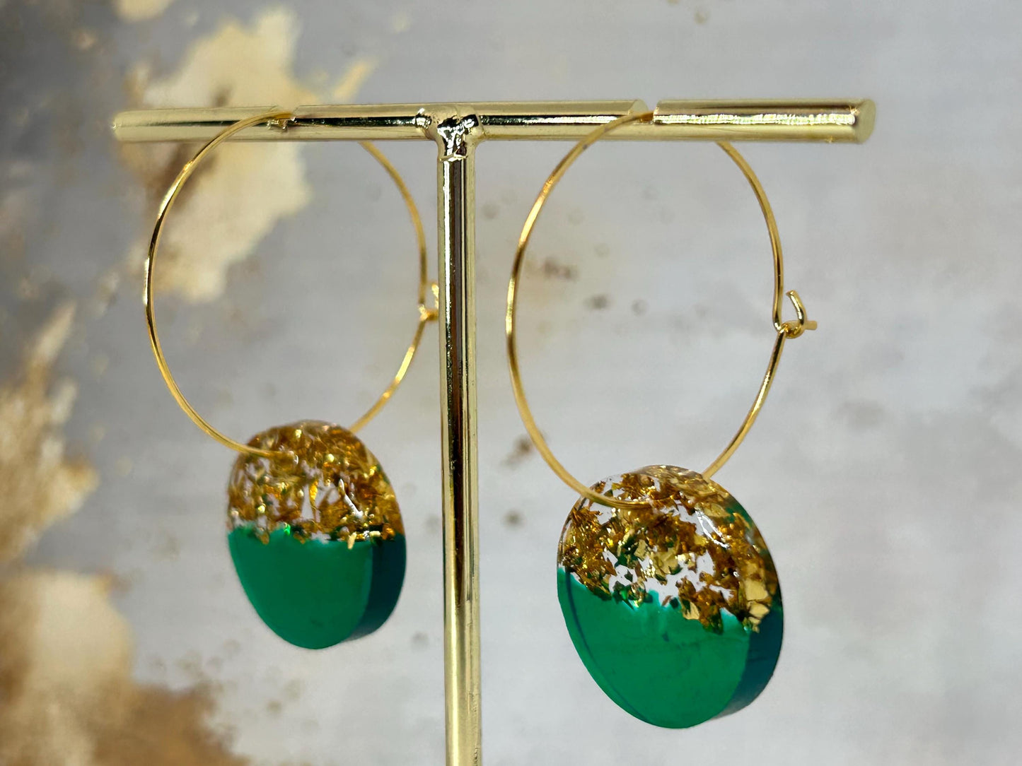 Handmade Green Resin Earrings: Gold Leaf Flake, Gold Plated Hoops