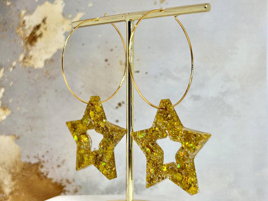 Handmade Gold Glitter Star Earrings: Resin Gold Plated Hoops