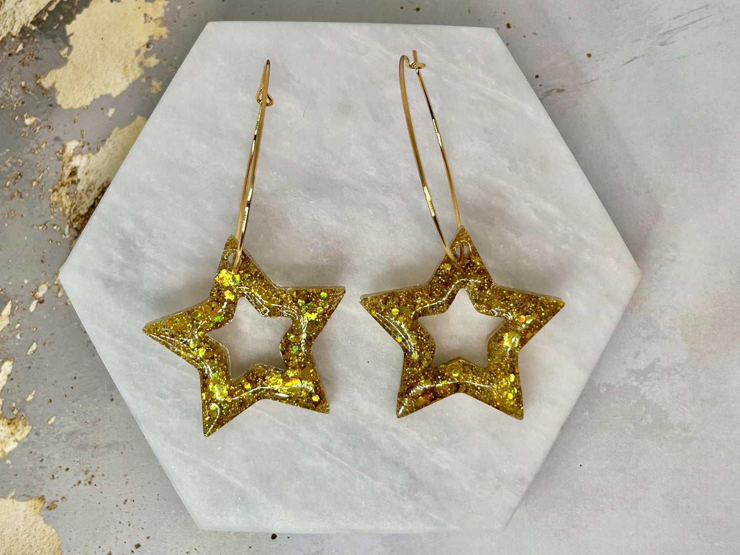 Handmade Gold Glitter Star Earrings: Resin Gold Plated Hoops
