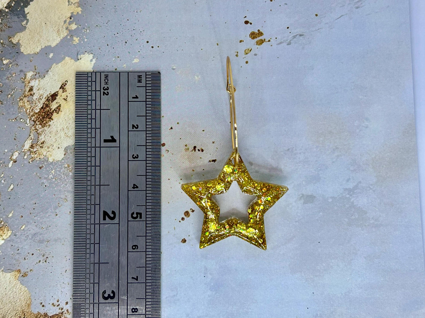 Handmade Gold Glitter Star Earrings: Resin Gold Plated Hoops