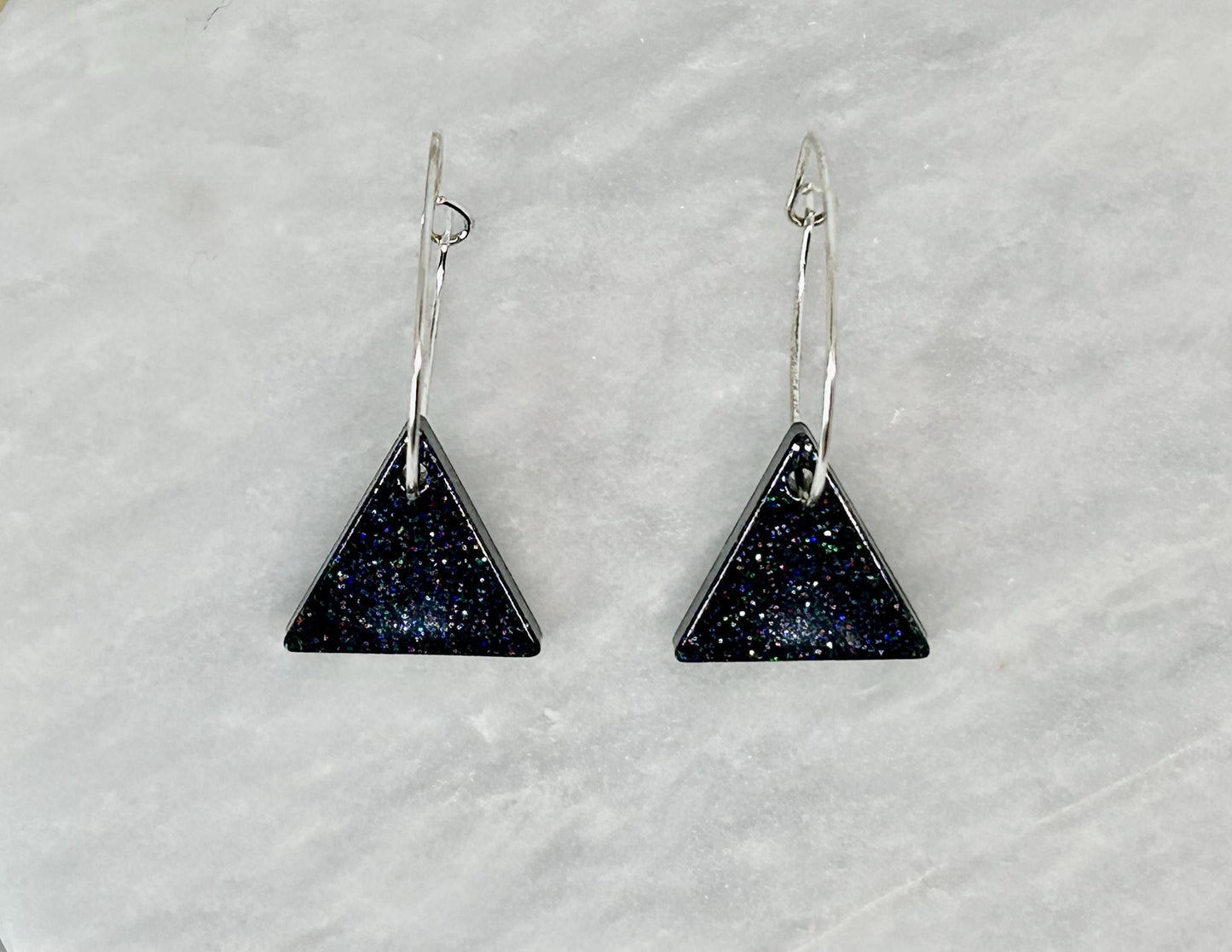 Holographic Glitter Triangle Earrings: Handmade Resin Silver Plated Hoops