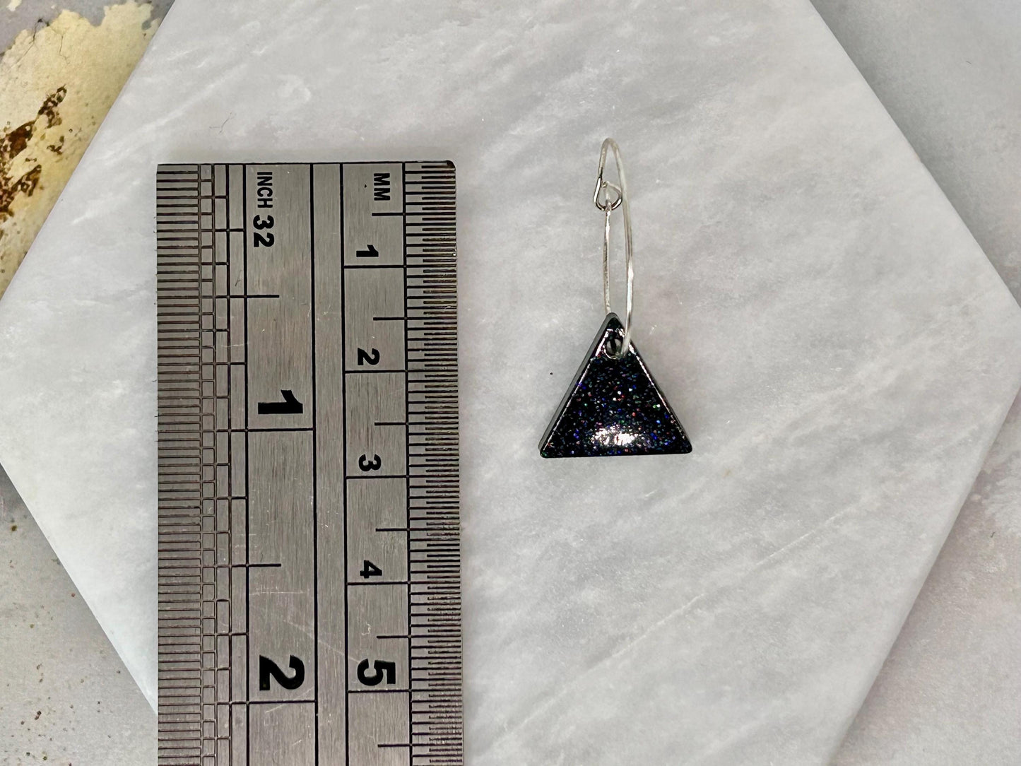 Holographic Glitter Triangle Earrings: Handmade Resin Silver Plated Hoops