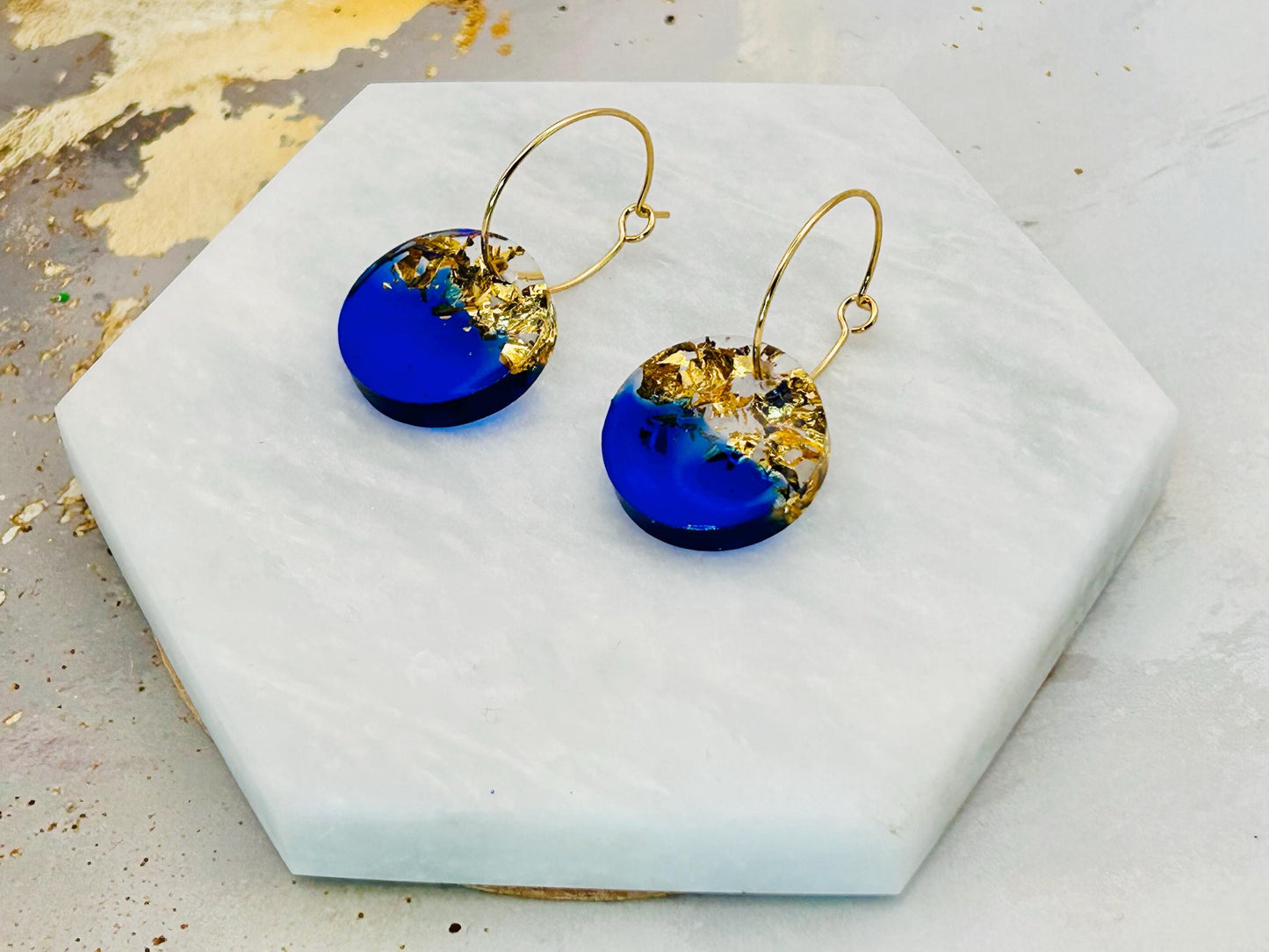 Handmade Royal Blue Resin Earrings: Gold Leaf, Gold Plated Hoops