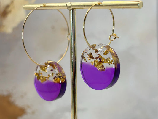 Handmade Resin Circle Earrings: Gold Leaf Purple Hoops