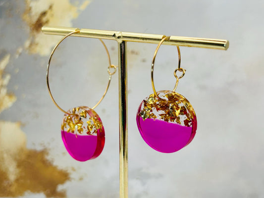 Handmade Resin Earrings: Fushia Pink, Gold Leaf, Gold Plated Hoops