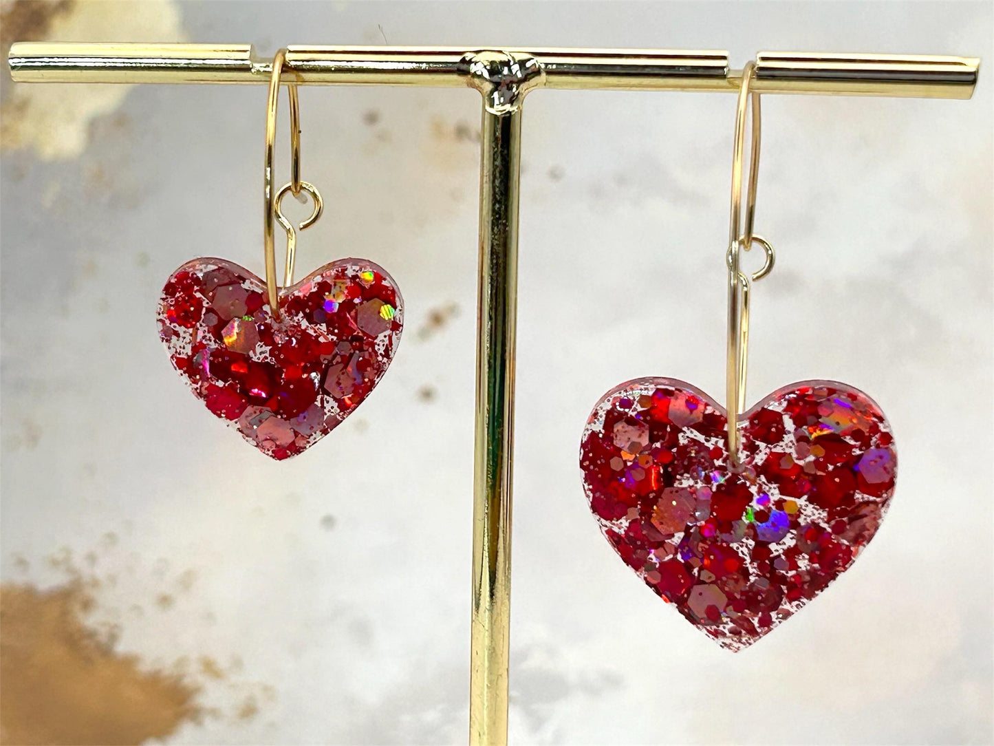 Handmade Red Glitter Heart Earrings: Gold Plated Hoops