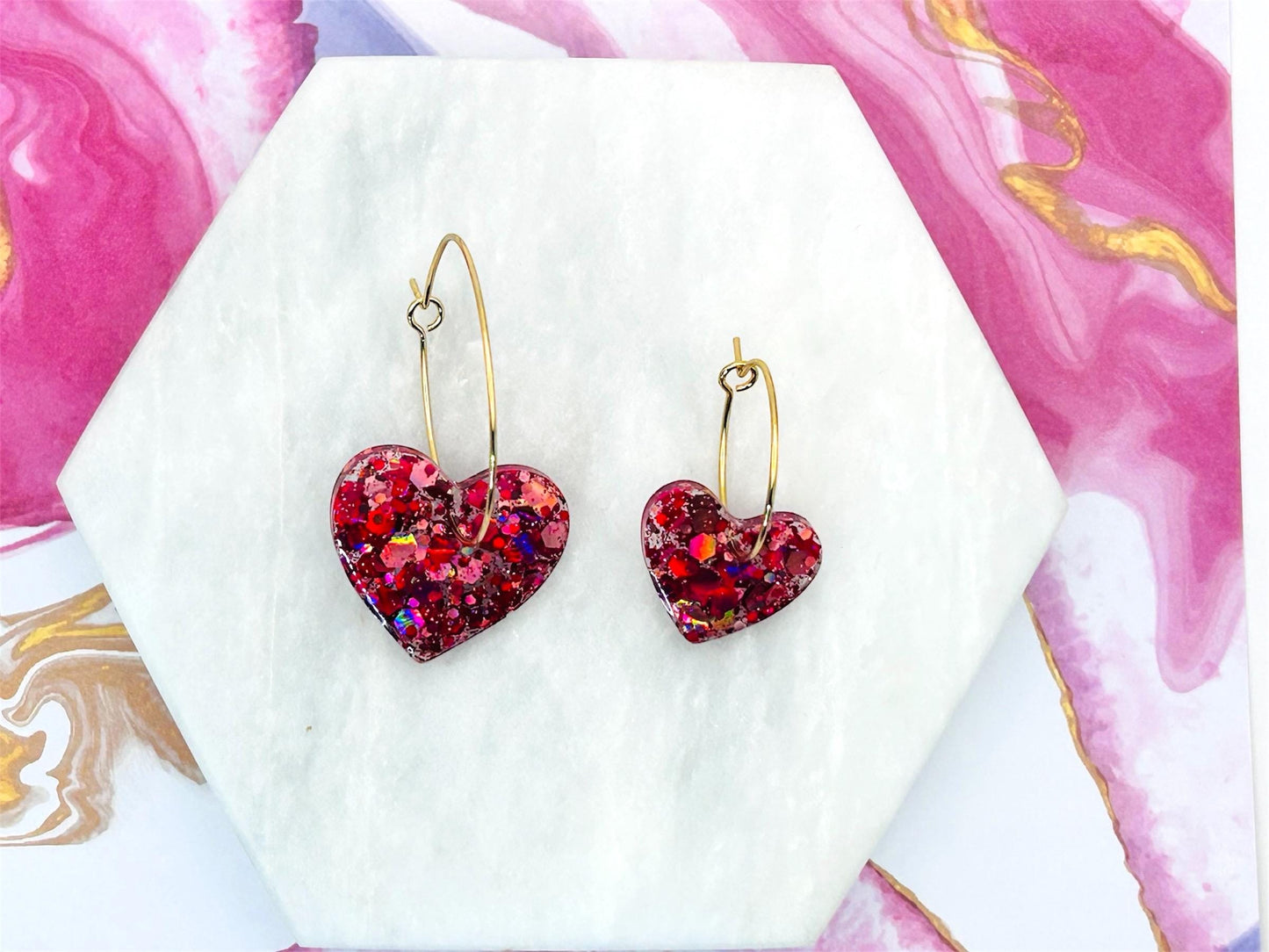 Handmade Red Glitter Heart Earrings: Gold Plated Hoops