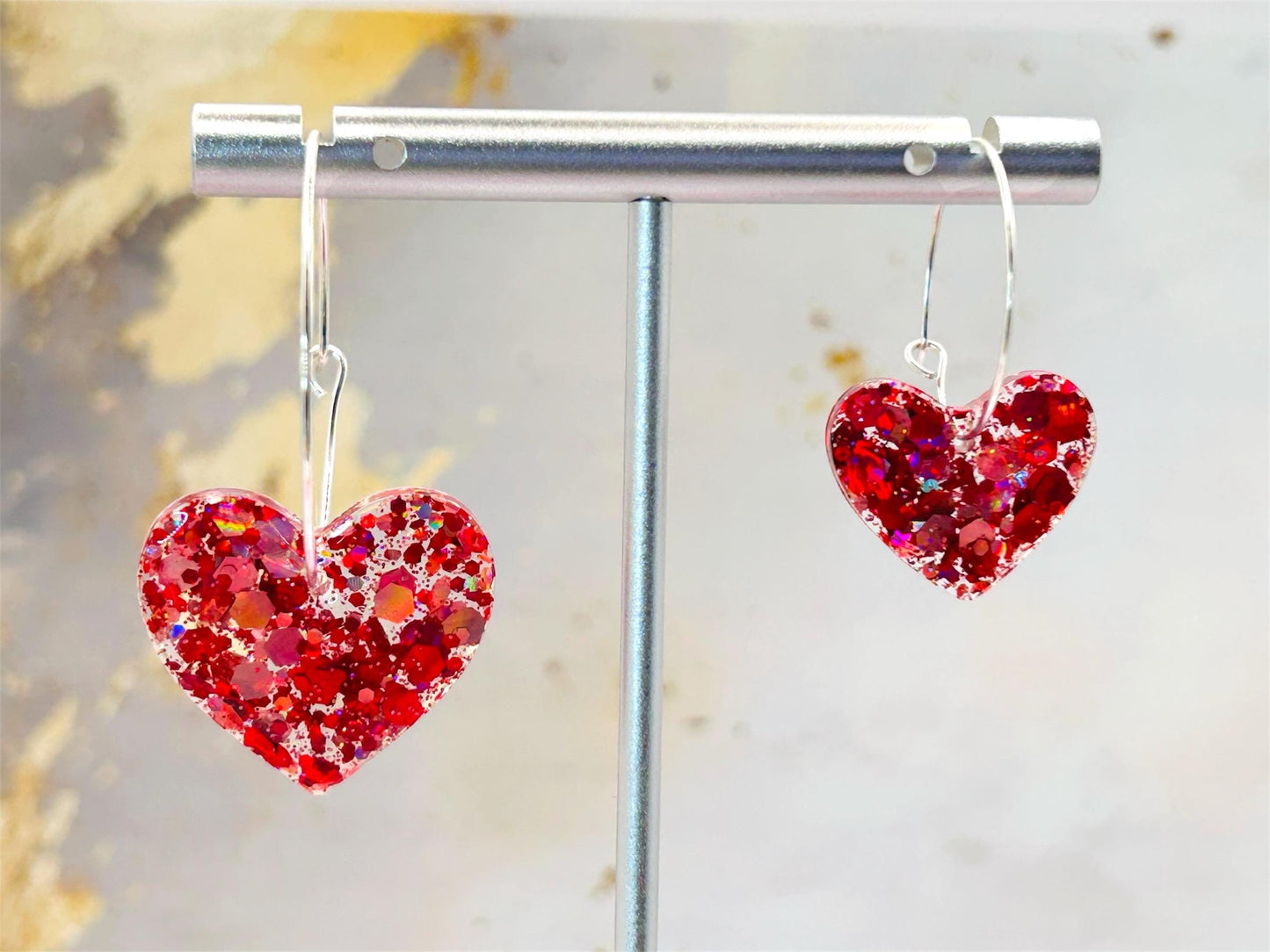 Handmade Heart Resin Earrings: Red & Pink Glitter, Silver Plated Hoops