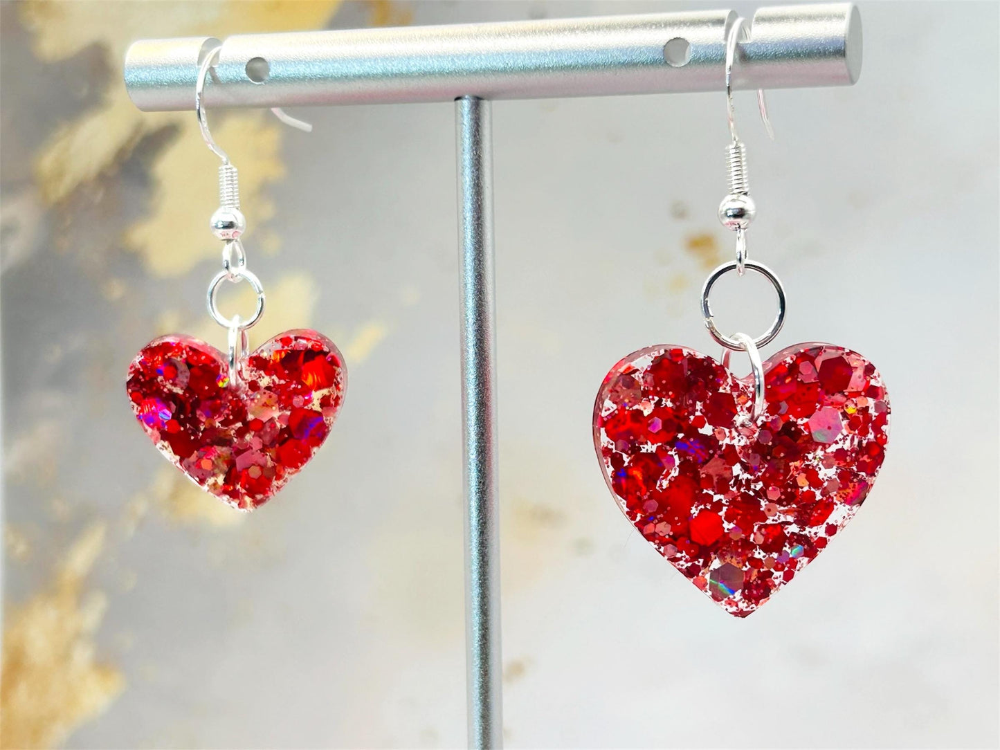 Handmade Red Glitter Heart Earrings: Sterling Silver Hooks, Resin Charm