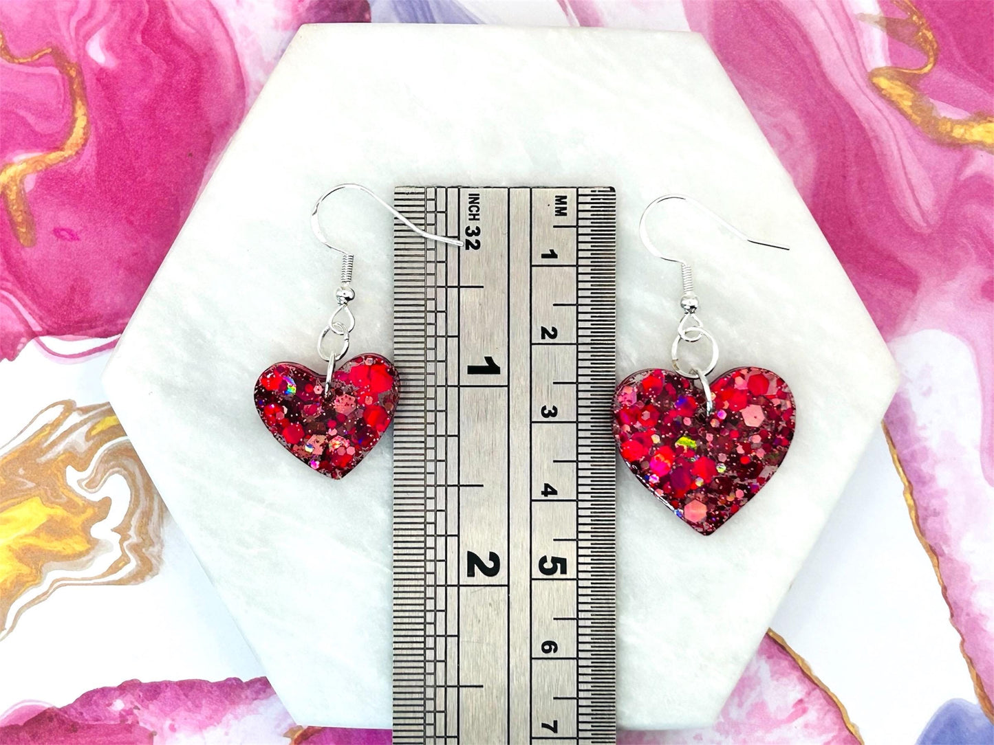 Handmade Red Glitter Heart Earrings: Sterling Silver Hooks, Resin Charm