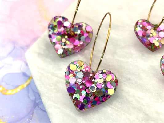 Handmade Resin Heart Earrings: Gold Plated Hoops, Pastel Glitter, Choice of size