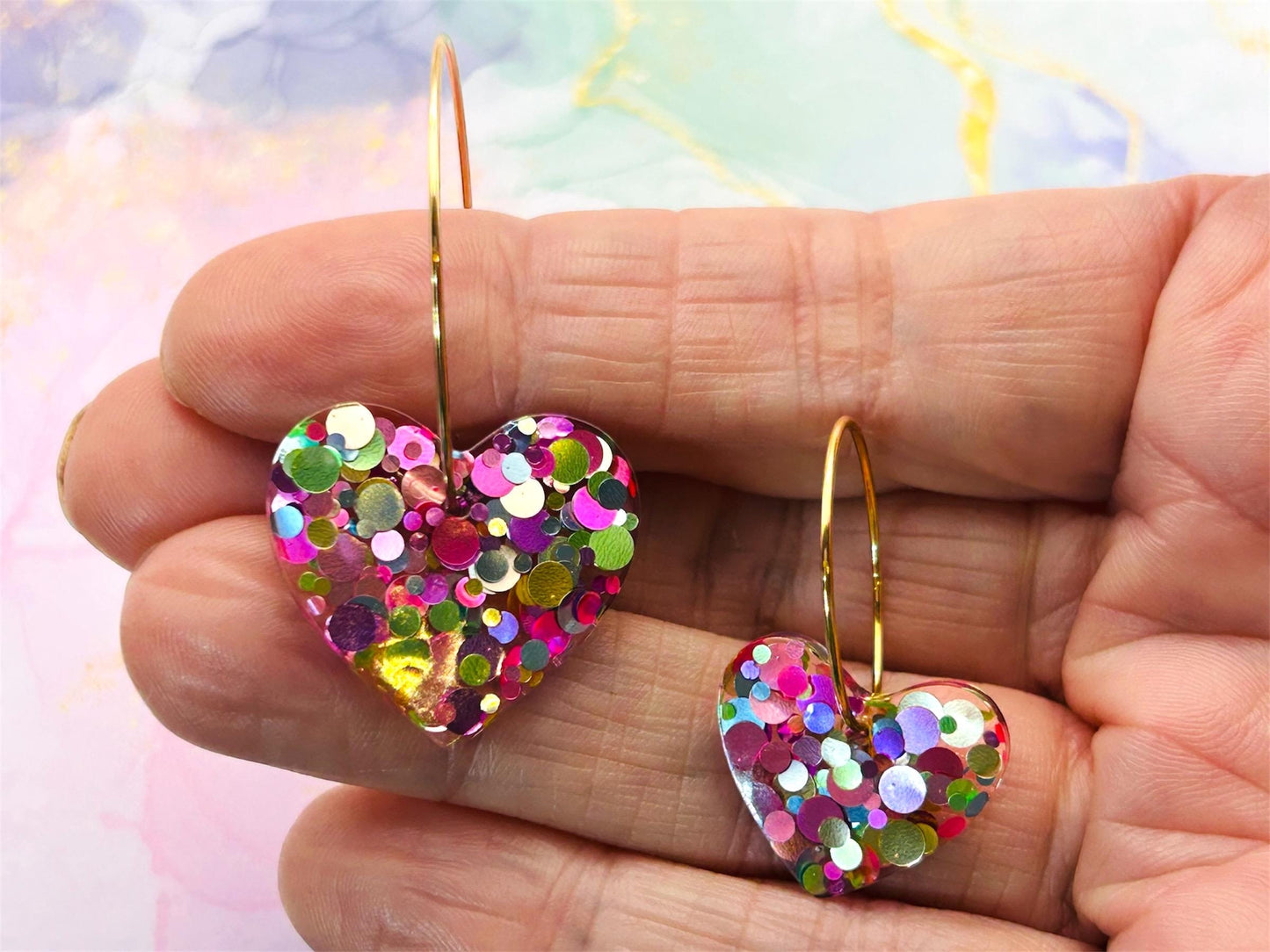 Handmade Resin Heart Earrings: Gold Plated Hoops, Pastel Glitter, Choice of size