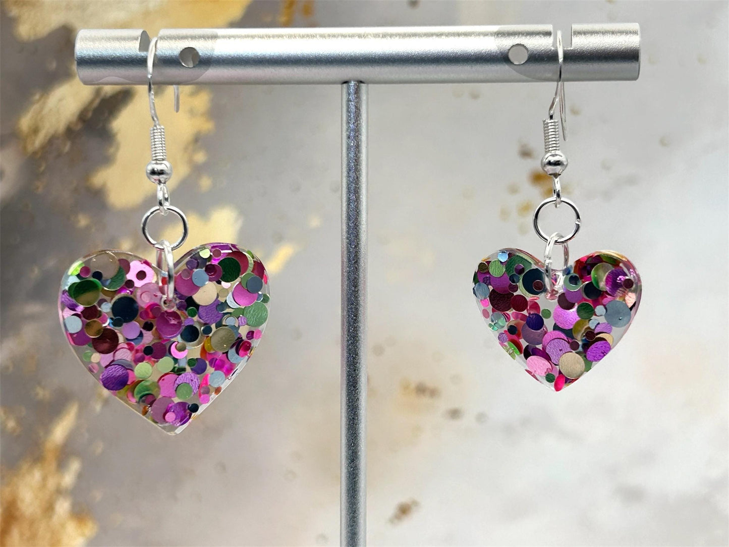 Handmade Heart Resin Earrings: Pastel Glitter, Sterling Silver Hooks