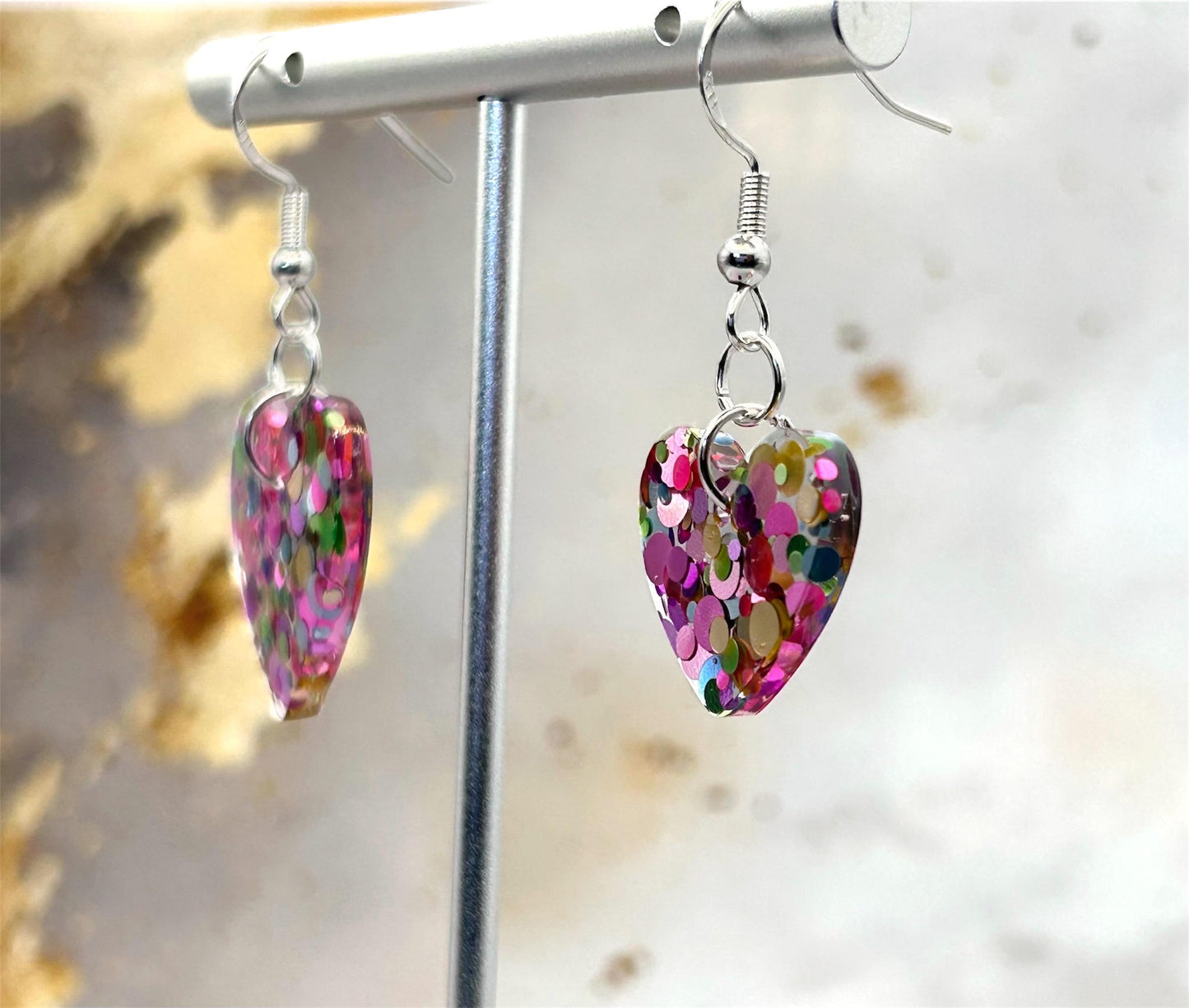Handmade Heart Resin Earrings: Pastel Glitter, Sterling Silver Hooks