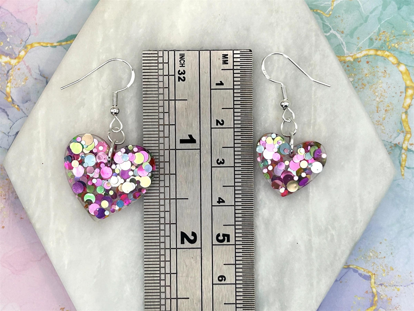 Handmade Heart Resin Earrings: Pastel Glitter, Sterling Silver Hooks