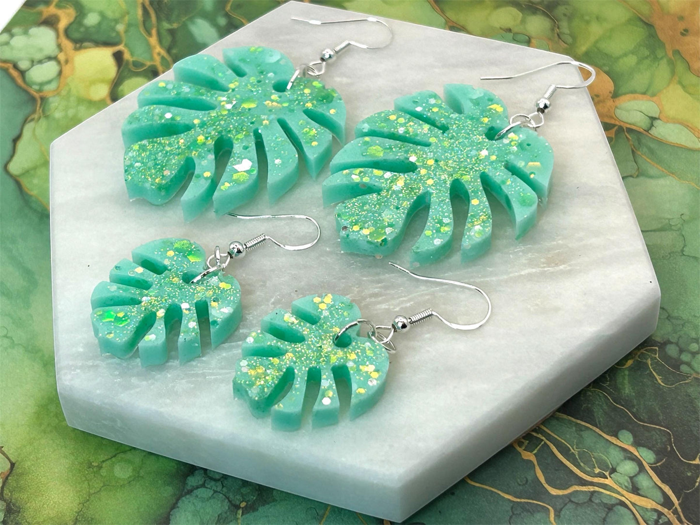 Handmade Monstera Leaf Resin Earrings: Green Glitter, Sterling Silver