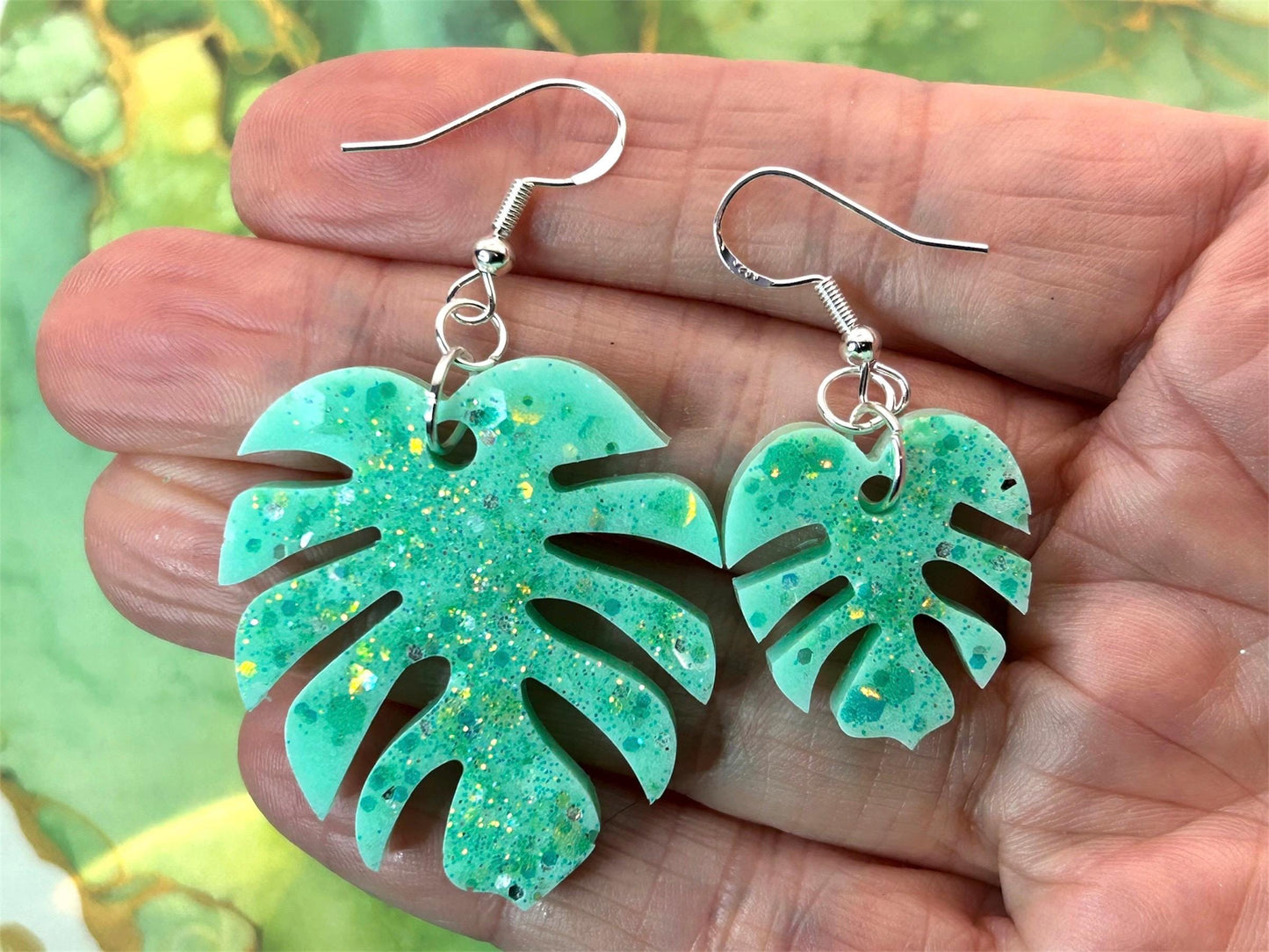 Handmade Monstera Leaf Resin Earrings: Green Glitter, Sterling Silver