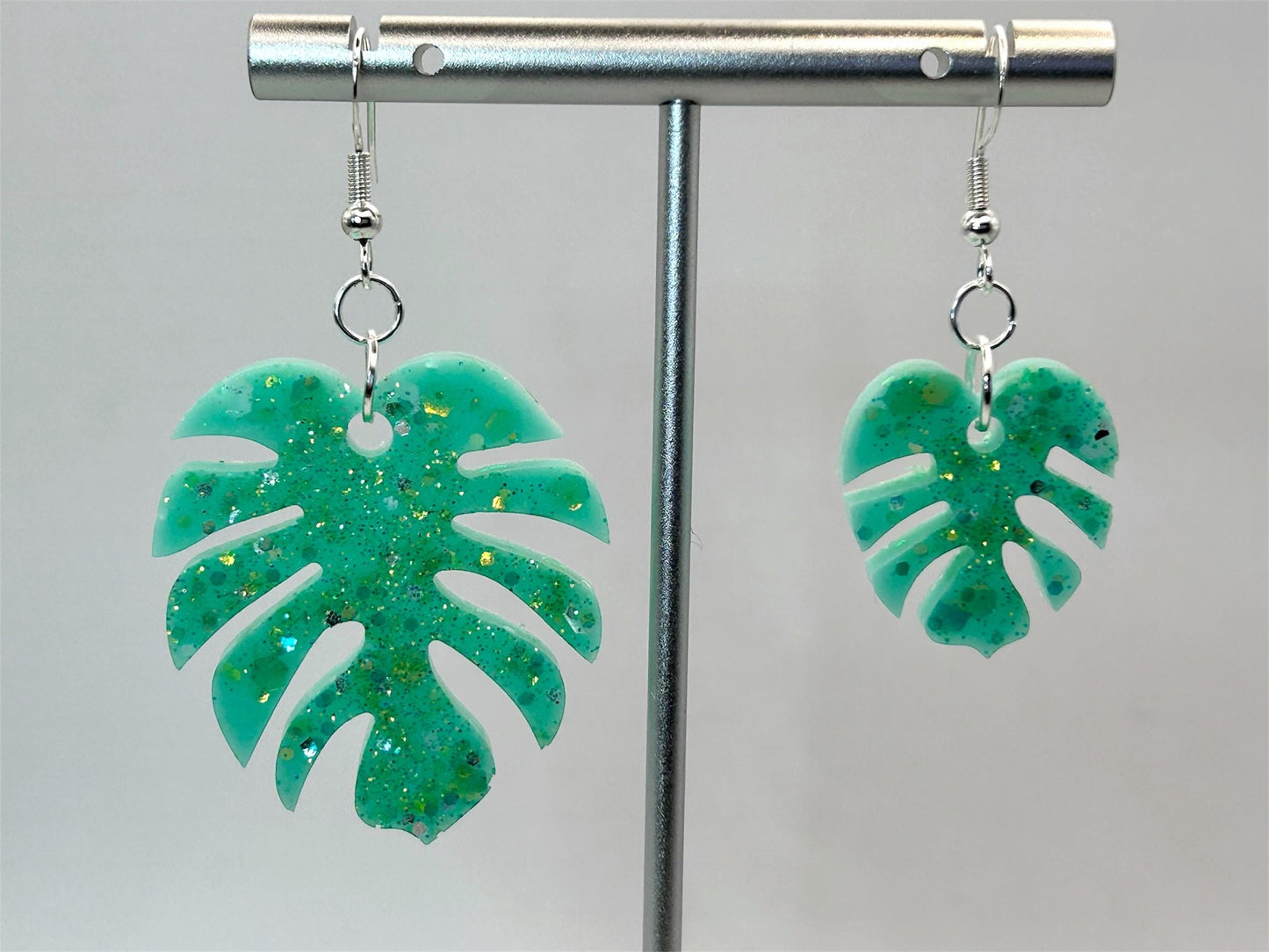 Handmade Monstera Leaf Resin Earrings: Green Glitter, Sterling Silver
