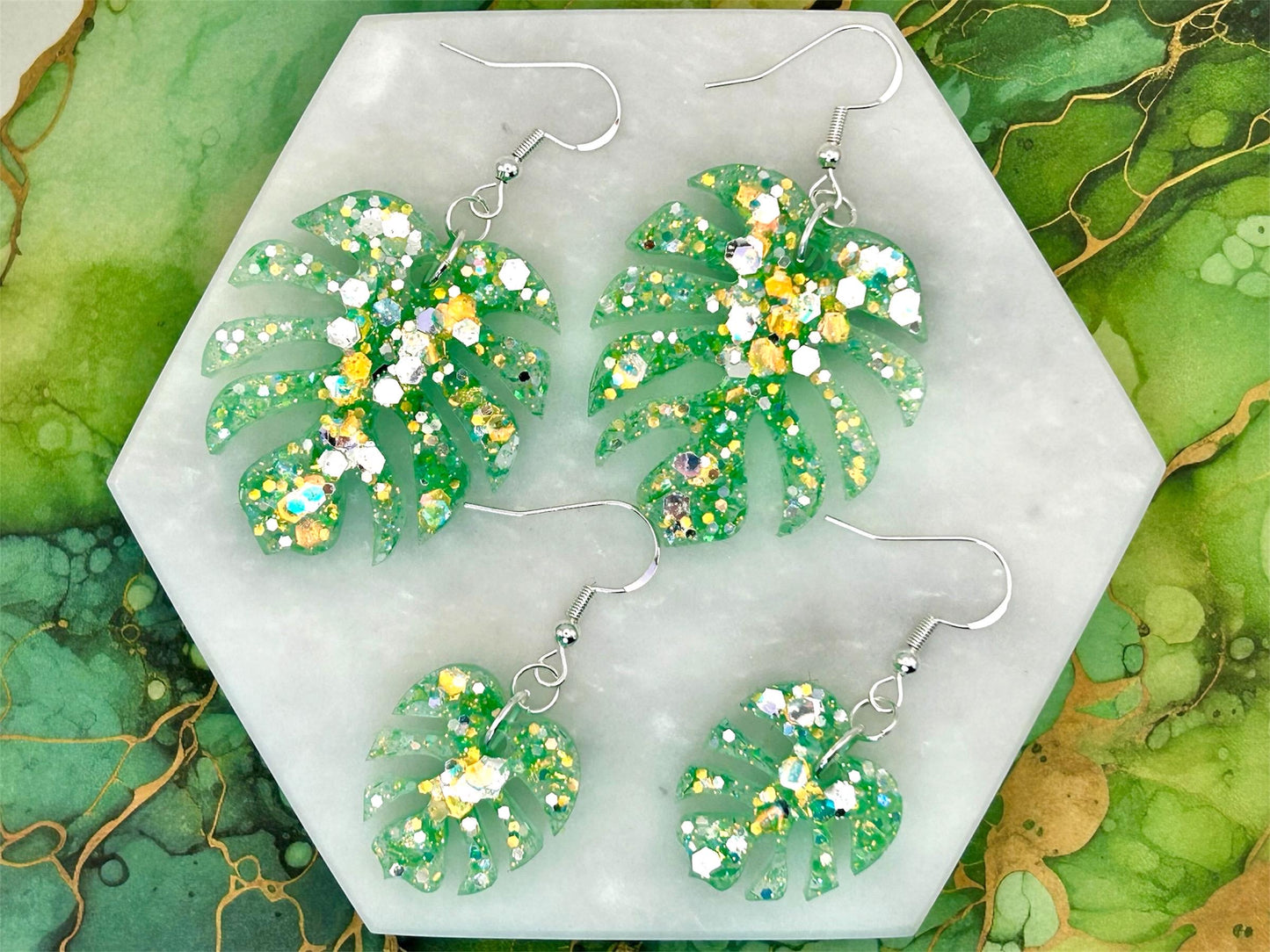 Handmade Glitter Monstera Leaf Earrings: Green Resin, Sterling Silver