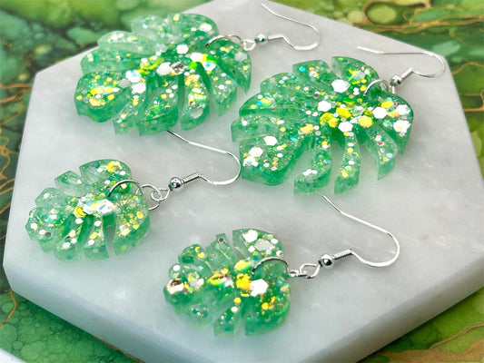 Handmade Glitter Monstera Leaf Earrings: Green Resin, Sterling Silver