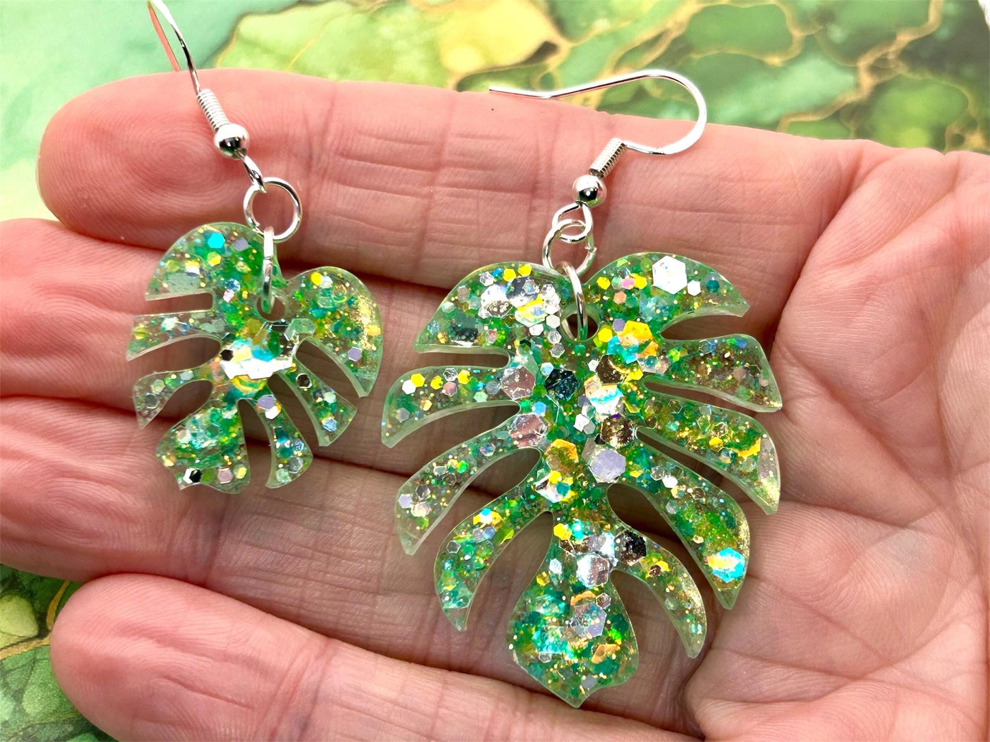 Handmade Glitter Monstera Leaf Earrings: Green Resin, Sterling Silver