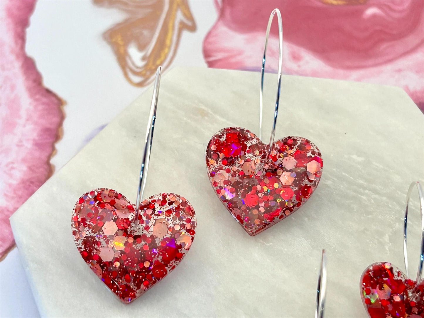 Handmade Heart Resin Earrings: Red & Pink Glitter, Silver Plated Hoops