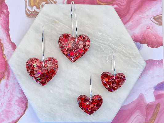 Handmade Heart Resin Earrings: Red & Pink Glitter, Silver Plated Hoops