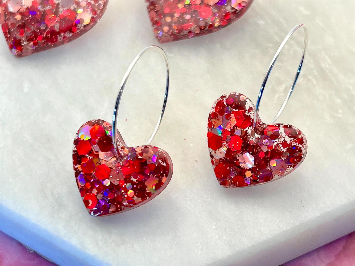 Handmade Heart Resin Earrings: Red & Pink Glitter, Silver Plated Hoops