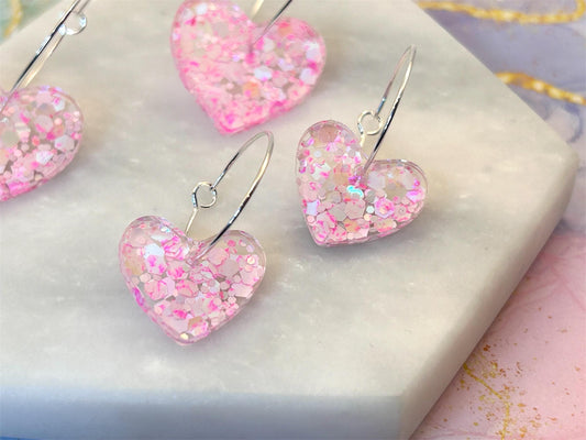 Handmade Raspberry Glitter Heart Earrings: Silver Plated Hoops