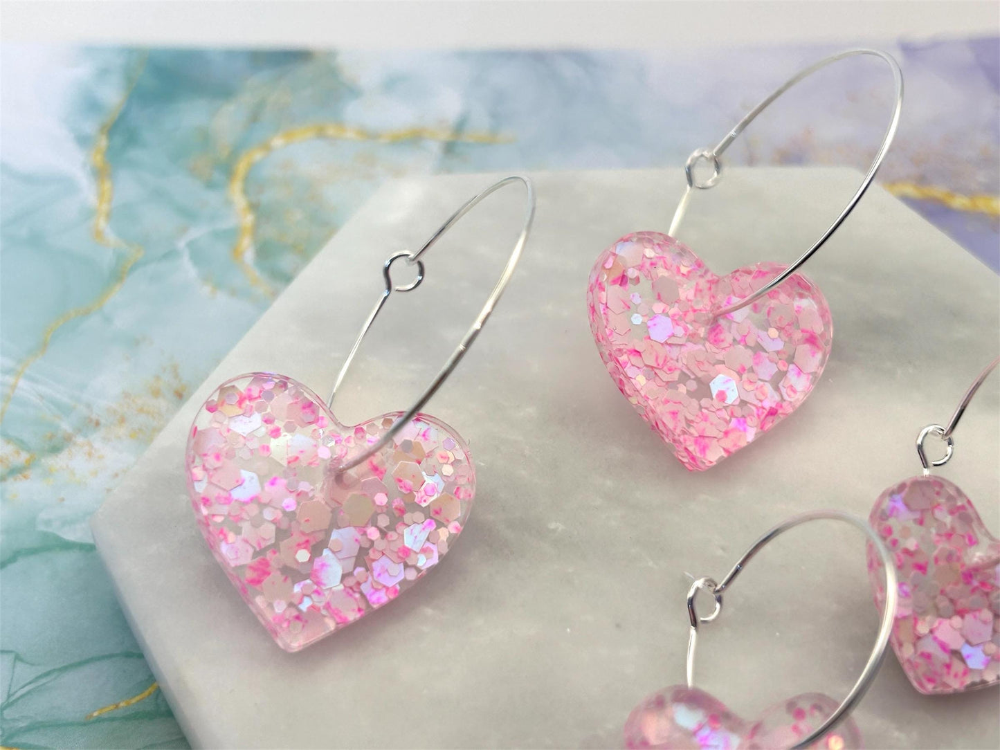 Handmade Raspberry Glitter Heart Earrings: Silver Plated Hoops