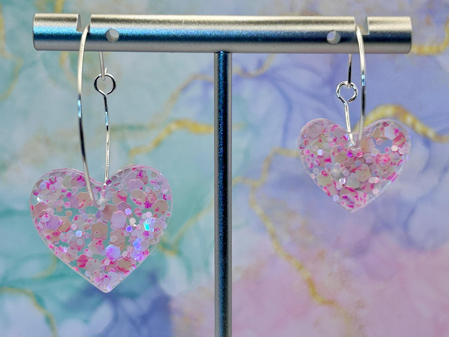 Handmade Raspberry Glitter Heart Earrings: Silver Plated Hoops