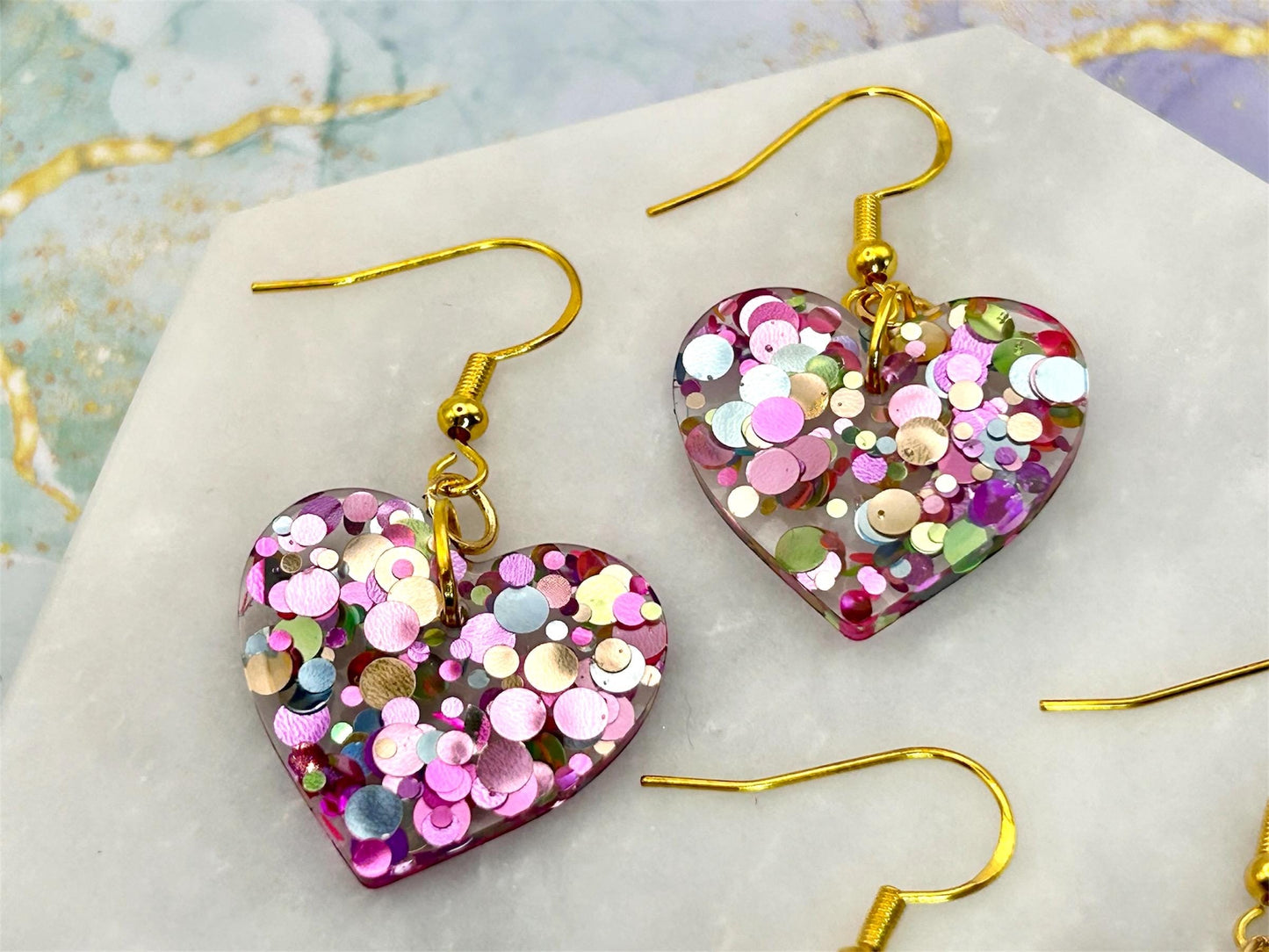 Handmade Resin Heart Earrings: Gold Plated Hooks, Pastel Glitter