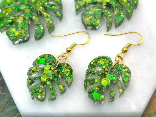 Handmade Glitter Monstera Leaf Earrings: Green Resin on Gold Plated Hooks