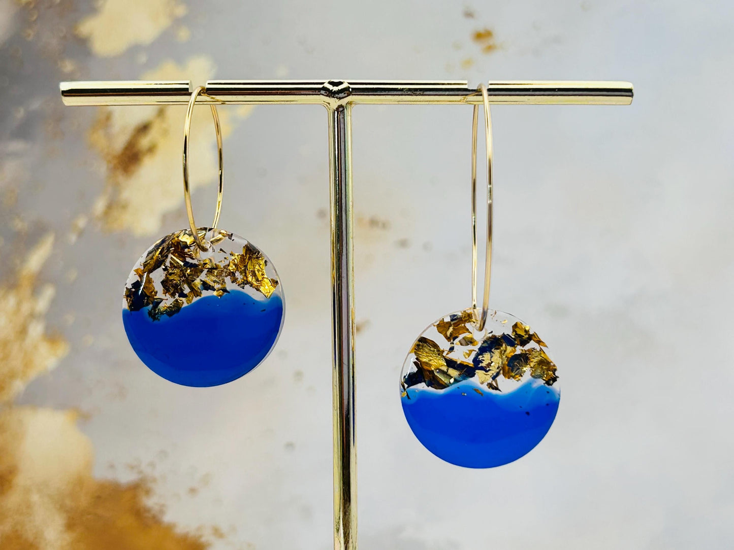 Handmade Royal Blue Resin Earrings: Gold Leaf, Gold Plated Hoops