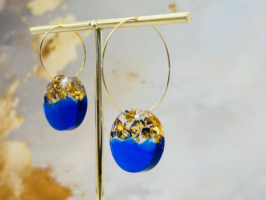 Handmade Royal Blue Resin Earrings: Gold Leaf, Gold Plated Hoops